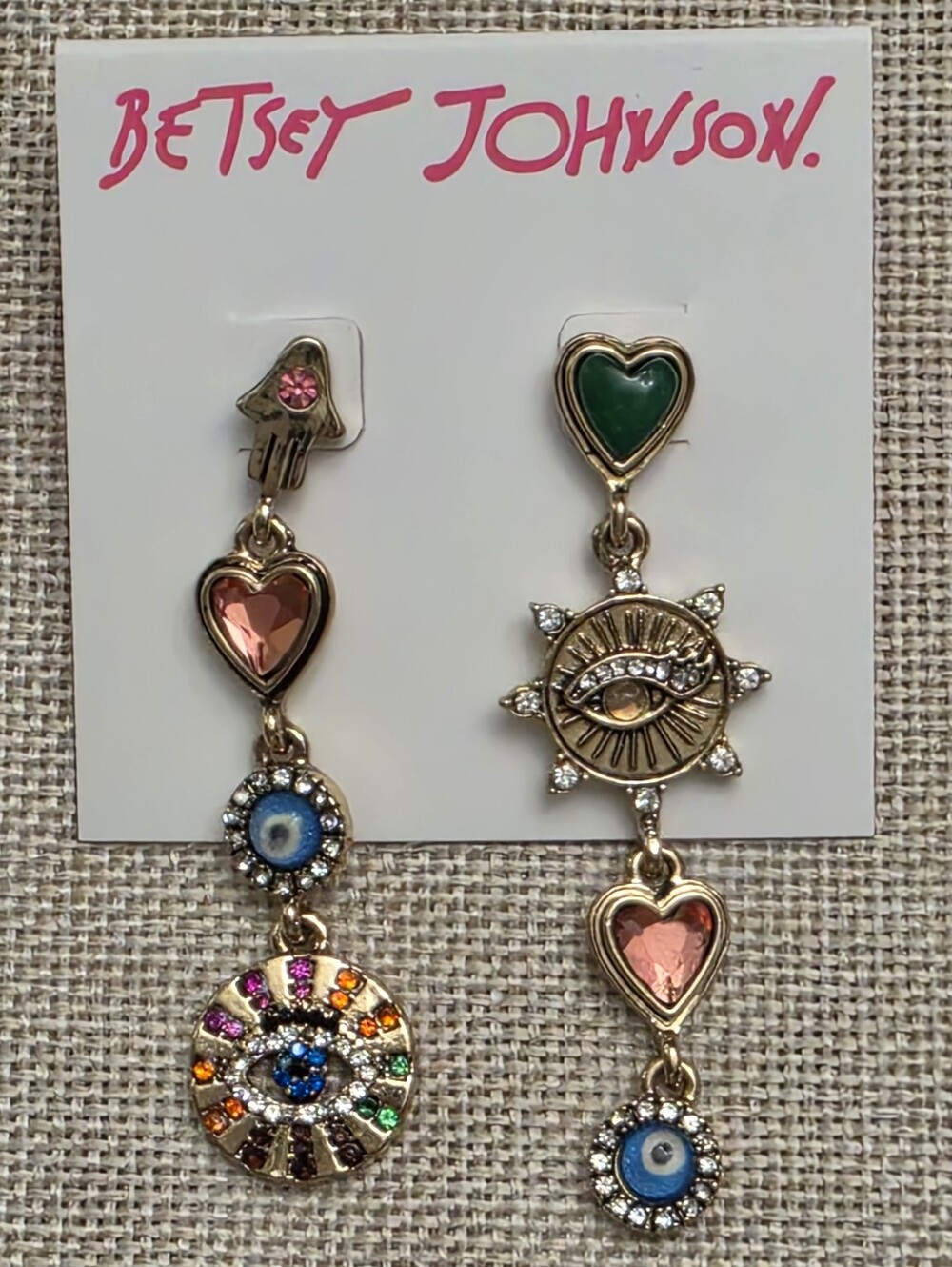 Betsey Johnson Gold-Tone Asymmetrical Multicolor Heart & Eye Dangle Earrings New
